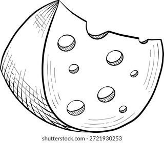  Colección de queso, brie, camember, queso parmesano y azul, surtido de queso europeo, rebanadas, dibujo de grabado de tinta negra, aislado, transparente. Botella de vino y vidrio, uva e higo