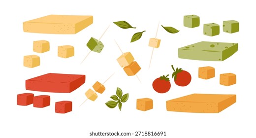Collection cheese cubes isolated on white background. Pieces of cheddar and gouda. Coloured and matured dairy food slices breakfast snack. Vector illustration isolated on white.