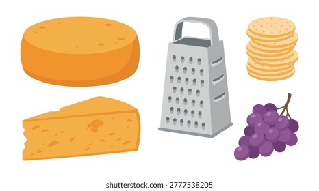 A collection of cheese, a grater, grapes, and crackers, representing ingredients for a meal or snack.