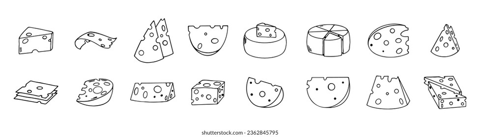 Collection of Cheese isolated on white background, hand drawn cheese outline vector illustration. Cheese sketch, doodle collection, cheese icon set.