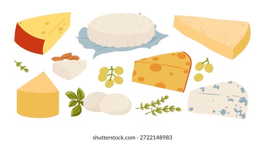 Queijo de coleção isolado em fundo branco. Pedaços de cheddar e gouda, brie, dorblue, camembert. Alimentos láteos e nozes e petiscos de frutas. Ilustração vetorial isolada em branco.