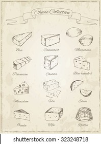 Collection of cheese on a vintage background. Cut sliced cheese assortment. Decorative icons set. Vector illustration of for design menus, recipes and packages product.