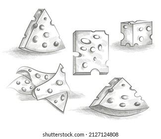 Collection of cheese sketches. Set of beautiful drawings for website design. Product cards for dairy products department, delicacy. Cartoon flat vector illustrations isolated on white background