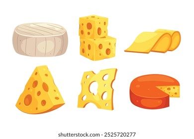 A collection of cheeses, camembert, gouda, cheddar, emmental, in flat hand drawn style