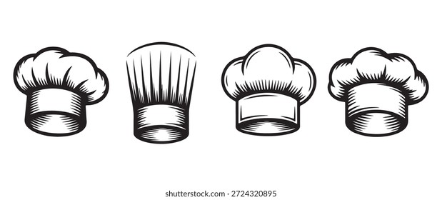 Coleção de Chapéu Chef e ícones Toque, Preto e Branco desenhado à mão Vetor ilustração conjunto.
