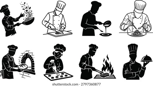 Collection of Chef Silhouettes Featuring Stir Fry, Slicing, Plating, Baking, Grilling, and Culinary Preparation Scenes