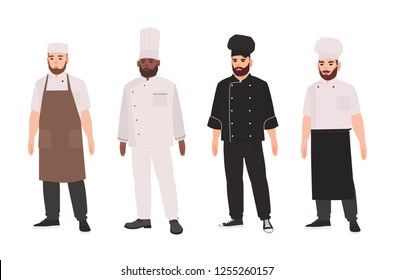 Collection of chefs, qualified cooks, professional restaurant staff or kitchen workers wearing uniform and toque. Set of male cartoon characters isolated on white background. Flat vector illustration.