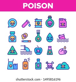 Collection Chemical Toxic Poison Vector Icons Set Thin Line. Toxic In Barrel, Poisonous Water, Substance In Flask, Skull With Bones Concept Linear Pictograms. Monochrome Contour Illustrations