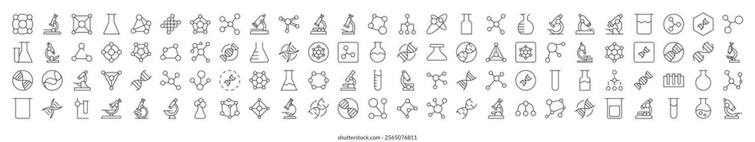 Collection of Chemistry Related Line Icons. Editable Stroke for Design, Web Sites, Apps, Cards. Contains Linear Images of Chemical Compound, Laboratory Bulbs, Atom