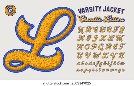 A collection of chenille fabric letterman jacket style letters in blue and gold team colors