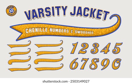 A collection of chenille fabric letterman jacket style swooshes and numbers in blue and gold team colors