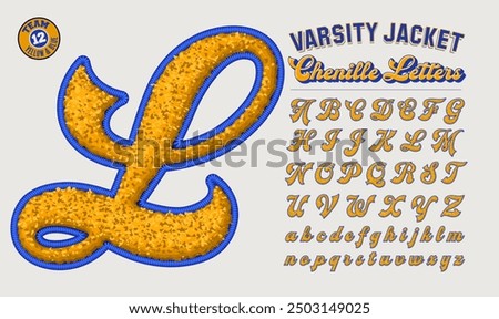 A collection of chenille fabric letterman jacket style letters in blue and gold team colors