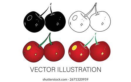 Una Colección de cerezas en una rama - Ilustraciones vectoriales, plano, arte de línea, e icono negro