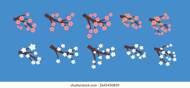 A collection of cherry blossom illustrations with cute stems, perfect for corner frames