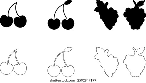 A collection of cherry and grape icons in outline and solid styles. Includes black and white variations, ideal for food illustrations, healthy eating designs, digital graphics,