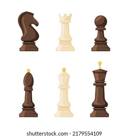 Collection of chess black and white pieces. Queen, king, knight, rook piece vector illustration