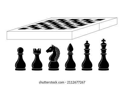 Collection of chess figures and game board. Vector illustration. Set of different chess pieces and board in black and white color. Big and small parts.
