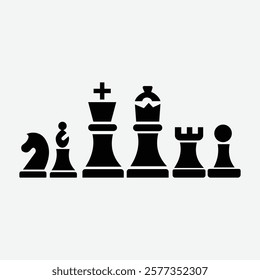 A Collection Of Chess Glyph Isolated Silhouette Solid Icons With Chess,Pawn,Strategy,Chess-Piece,Piece Simple Black Style Symbol Sign For Apps And Website, Vector Illustration
