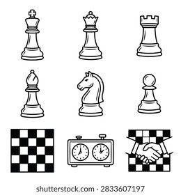 Collection of chess pieces including king queen rook bishop knight pawn and game elements like chessboard and timer