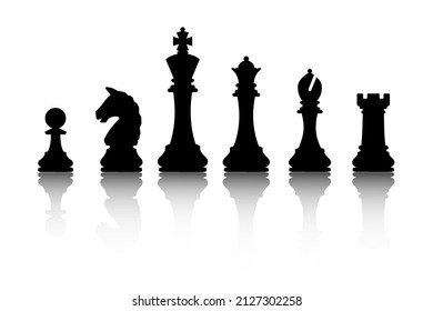 A collection of chess pieces on a white background with reflection. Vector illustration.