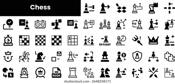 A collection of chess-related icons showcasing various pieces, moves, and game elements in a minimalist black-and-white design.