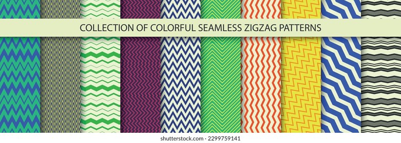 Collection of chevron colorful geometric striped seamless patterns. Simple zigzag bright textures - repeatable unusual backgrounds. Fabric endless prints.