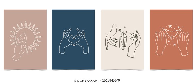 Collection of chic background set with hand,crystal,moon,star,heart.Editable vector illustration for website, invitation,postcard and sticker