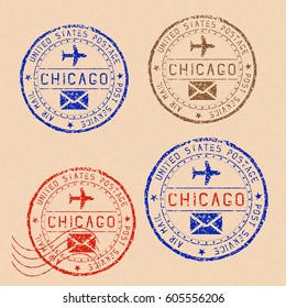 Collection of CHICAGO postal stamps partially faded on beige paper background. Vector illustration