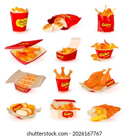 Collection of chicken dish. Vector chicken wings, legs, nuggets served in packages, cardboard boxes and buckets isolated on white. Food delivery and fast food restaurant menu idea