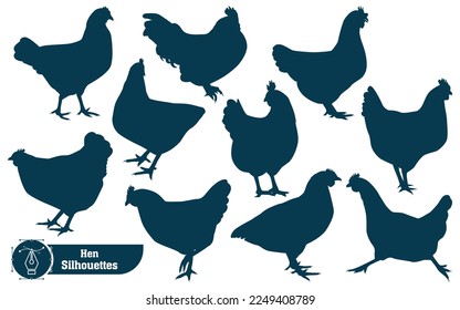 Collection of chicken or hen silhouettes in different poses