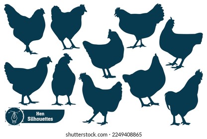 Collection of chicken or hen silhouettes in different poses