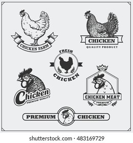 Collection of Chicken meat labels, badges, emblems and design elements.