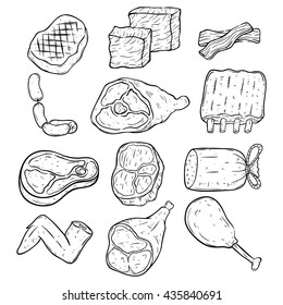 Collection of chicken pork and beef meat with doodle art