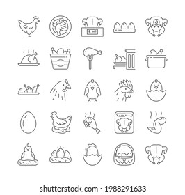 Collection of Chicken, turkey and poultry icons. Poultry farm, eggs, restaurant and others. Set of minimal style vector illustrations or pictograms isolated on white background