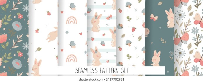 Collection of childish baby pastel minimalistic seamless patterns. Set of vector illustrations with bunny rainbow flowers plants for kids design and textiles.