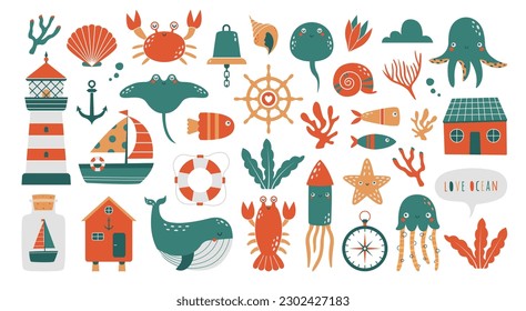 Collection of childish fancy illustration with sea, ocean animals, whale, crab, fish, lighthouse, ship, squid, coral, house. Funny cute cartoon's stickers for kid's greeting card, banner, logo