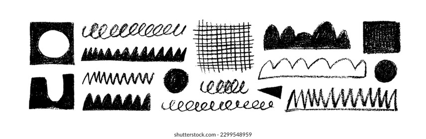 Colección de formas geométricas infantiles y garabatos. Dibujo a lápiz o carbón. Objetos de doodle dibujados a mano por vectores. Formas infantiles de carbón vegetal y garabatos, arañazos. Pancarta geométrica abstracta.