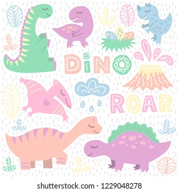 Collection of childish hand-drawn dino. Cute decorative elements. Vector illustration