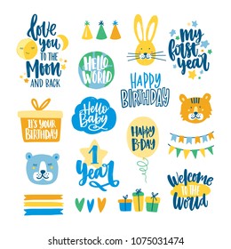 Collection of childish lettering written with beautiful calligraphic fonts decorated with funny cartoon design elements. Bundle of decorative birthday wishes for kids. Colorful vector illustration