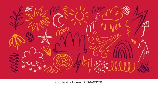 Collection of Childish and Naive Multicolored Doodles Hand Drawn with Pencil and Charcoal on Red Background. Colorful scribbles with happy vibes and grunge texture. Banner with random wobbly shapes