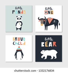 Collection of children cards with cute animals and lettering. Perfect for nursery posters. Vector illustration