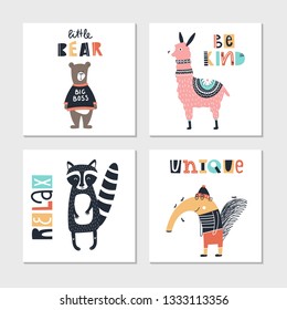 Collection of children cards with cute animals and lettering. Perfect for nursery posters. Vector illustration