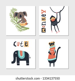 Collection of children cards with cute animals and lettering. Perfect for nursery posters. Vector illustration