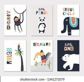 Collection of children cards with cute animals and lettering. Perfect for nursery posters. Vector illustration