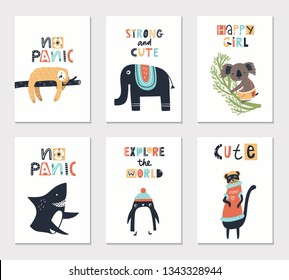 Collection of children cards with cute animals and lettering. Perfect for nursery posters. Vector illustration