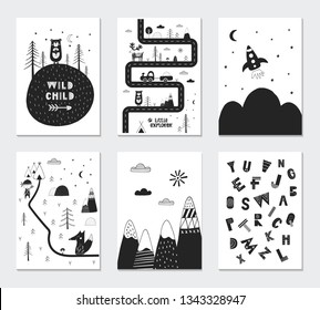 Collection of children cards with cute animals and lettering. Perfect for nursery posters. Vector illustration