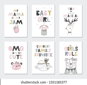 Collection of children cards with cute animals and lettering. Perfect for nursery posters. Vector illustration