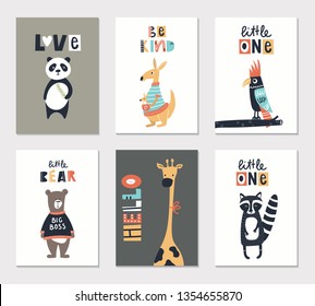 Collection of children cards with cute animals and lettering. Perfect for nursery posters. Vector illustration