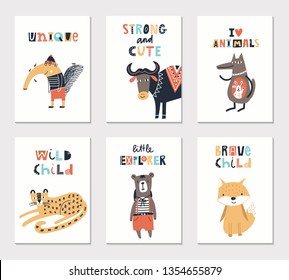 Collection of children cards with cute animals and lettering. Perfect for nursery posters. Vector illustration