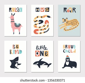 Collection of children cards with cute animals and lettering. Perfect for nursery posters. Vector illustration